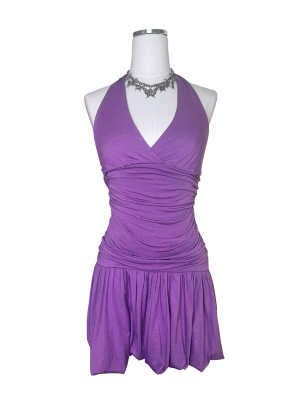 Y2K Heart Star Moon Halter Bubble Hem Purple Ruched Dress Size Small